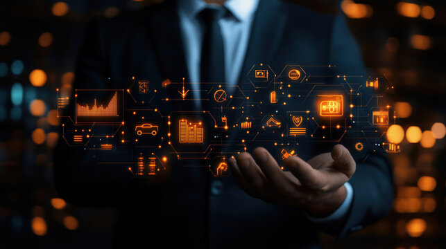 a businessman with glowing icons representing investment, ROI, and strategic planning - Powered by Adobe