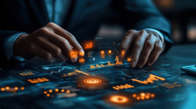 a businessman with glowing icons representing investment, ROI, and strategic planning