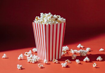 A red-and-white striped popcorn bucket overflowing with fluffy popcorn on a bold red background