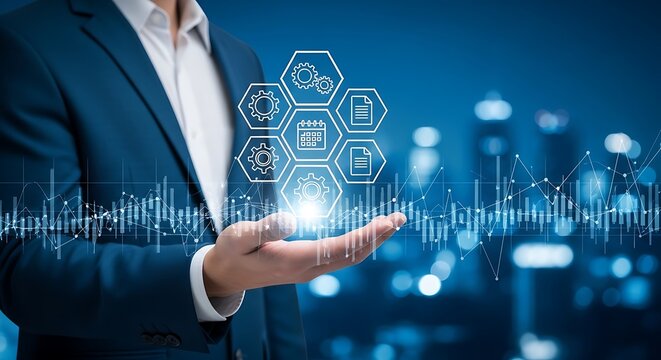 Businessman presenting business process automation solutions using innovative technology concept