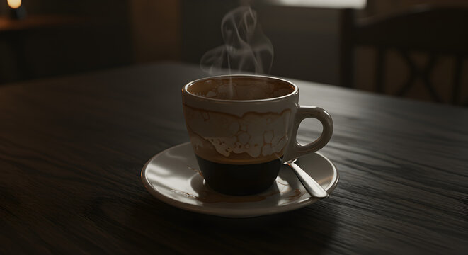 A dirty coffee cup saucer and spoon are on a dark wooden surface Steam rises from the cup