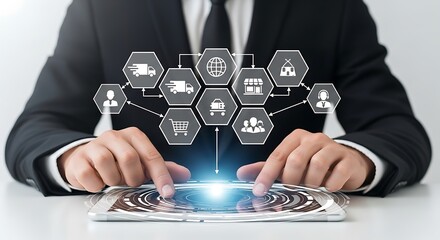 Businessman using futuristic tablet displaying digital supply chain management icons