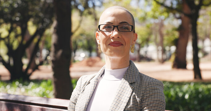 Business woman, thinking or reflection on park bench, fresh air or outdoor perspective for mindset. Ponder career, thoughtful or person remember happy memory, contemplating job or morning peace