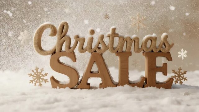 Wooden Christmas sale letters covered with soft snow, surrounded by falling snowflakes and warm festive light, with gentle sparkling particles creating a cozy winter holiday atmosphere