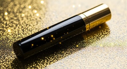 Black Mascara Tube With Gold Cap On Glitter Background