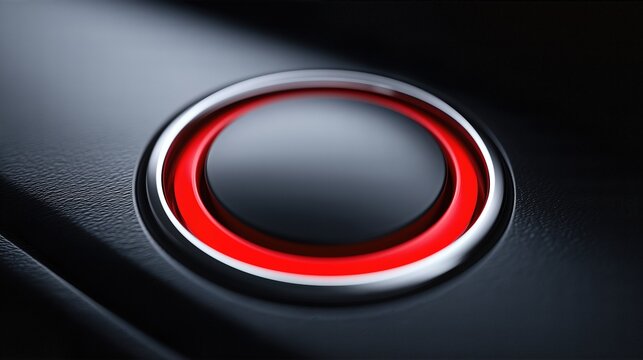 Glossy Blank Red And Black Car Start Button Close-Up With Modern Trim. Automotive Interface Mockup, Luxury Car Feature, Dashboard Design Visual