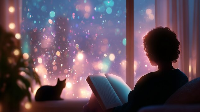 Reading a book by the window while soft snow falls on a cozy winter evening