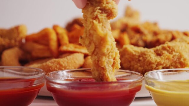 Close up shot of hand dipping strips of breast into ketchup. Tasty set of french fries, chicken wings, nuggets and onion rings. Fast food concept. High quality 4k footage