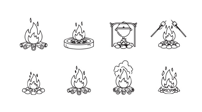 Collection of eight campfire and cooking pot illustrations in a simple line art silhouette style