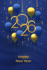Happy New Year 2026. Hanging Golden numbers 2026 with 3D festive helium balloons and falling confetti on blue background. New Year, Xmas greeting card, invitation, banner template. Vector illustration