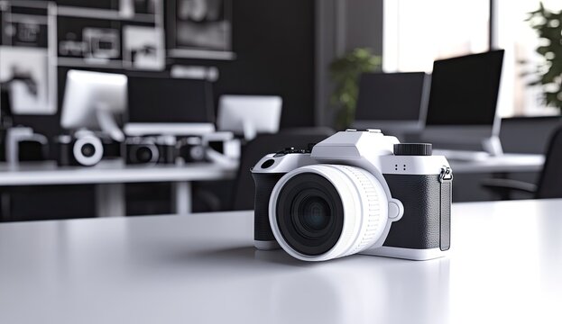 A sleek vintage camera placed in sharp focus on a desk in a modern, open-plan office with blurred background elements - Powered by Adobe