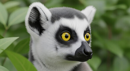 Naklejka premium Close up portrait of a ring tailed lemur with yellow eyes surrounded by green leaves in nature