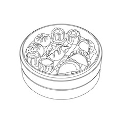 A detailed line drawing of a round tin filled with various small objects