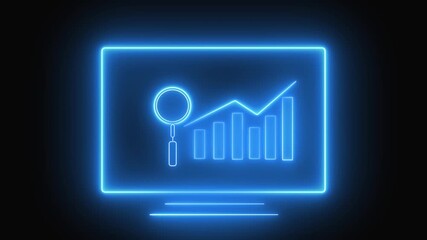 Neon Blue Monitor Screen Displaying a Magnifying Glass Over a Bar Chart and Line Graph light animation, magnifying glass over interactive bar chart and line graph for futuristic analytics visuals. - Powered by Adobe