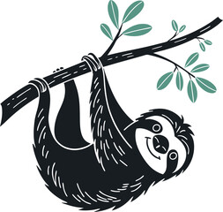 Naklejka premium Cute cartoon sloth hanging from a tree branch with green leaves