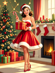 Festive Christmas Woman in Santa Dress Holding Gift. Cozy Holiday Interior with Fireplace and Tree. Poster vintage background