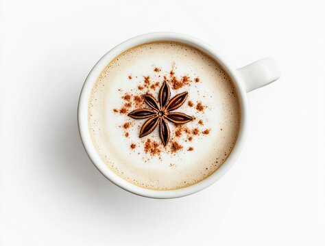 A top-down view of a white cup filled with cappuccino or latte, topped with a light layer of foam