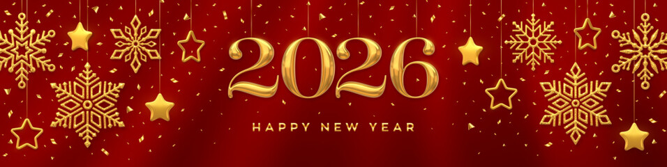 Happy New Year 2026. Hanging Golden metallic numbers 2026 with shining gold snowflakes, stars, and confetti on red background. Wide New Year holiday banner and header template. Vector illustration.