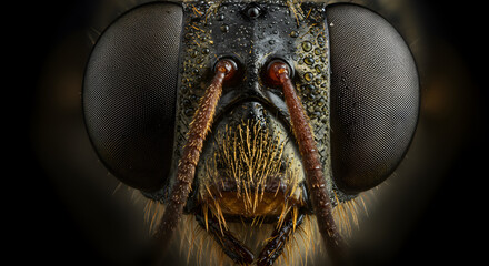 A macro closeup reveals the intricate details of an insects face featuring large compound eyes and textured mouthparts