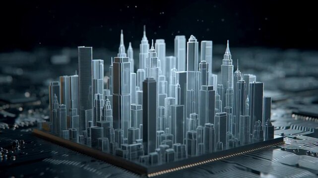 Dynamic digital cityscapes emerge from futuristic circuit boards, symbolizing innovation and technological advancement in urban development.