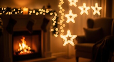 Cozy living room fireplace with glowing star lights