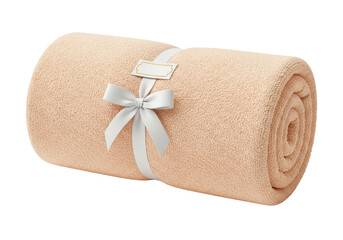 Rolled beige towel with ribbon and tag