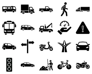 Transport and Road glyph Icons. Traffic, Transportation, and Road Sign Icons Set - Vehicle and Commuting Symbols