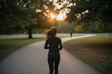A rear view of an athletic woman with a ponytail, wearing black athletic clothing, as she jogs on a paved path in a green park.