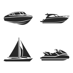 Water Transport Icons Set - Boat, Yacht, Sailboat, and Jet Ski Silhouettes