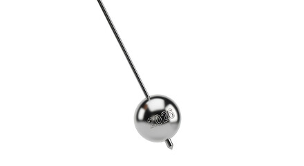 A single shiny metal pendulum ball hangs from a thin rod against a stark white background.