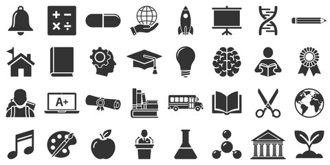 Academic glyph Icon Collection. Education, School, and Science Icons Set - Learning and Knowledge pictogram Symbols. 