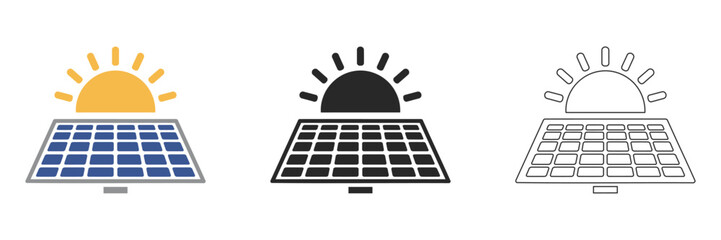 Solar Panel and Sun solid Icons Set for Renewable Energy. Solid coloured pictogram of solar panel and sun