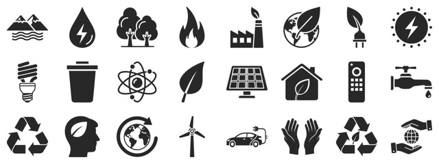 Sustainable Energy and Ecology Concept poctogram solid glyph Icons Set