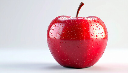 A close-up shot of a vibrant red apple with water droplets on a white background.