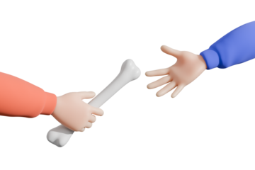 3D Rendering of Hands Passing Bone Symbolizing Bone Marrow Transplant and Life Donation