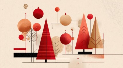 Abstract art with geometric tree shapes and circular elements in shades of red and brown, set on a beige background.