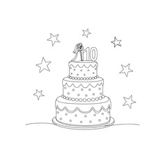 Elegant hand drawn wedding cake illustration with stars and couple topper