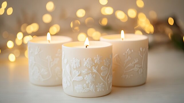 Three white candles with golden star patterns burning softly on a snowy surface with warm bokeh lights in the background