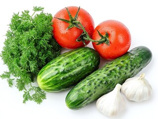 Fresh tomato, cucumbers, garlic, and dill arranged neatly on white, with one tomato halved