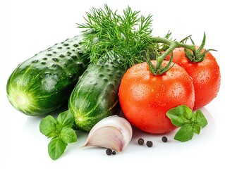 Fresh tomato, cucumbers, garlic, and dill arranged neatly on white, with one tomato halved