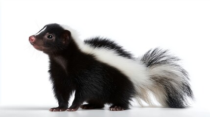Fototapeta premium Skunk standing on a white surface, showcasing its distinctive black and white markings