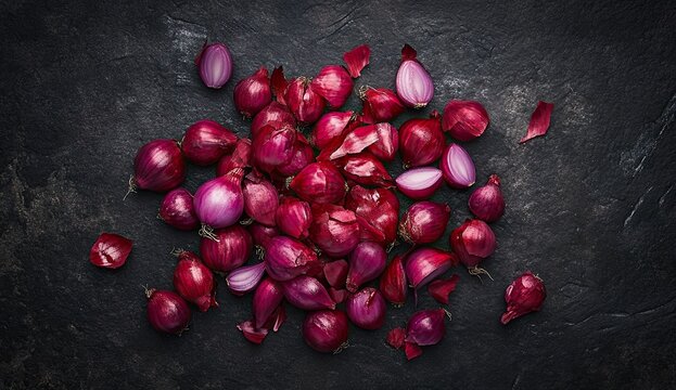 A scattered assortment of peeled and halved tiny red onions on a dark slate background