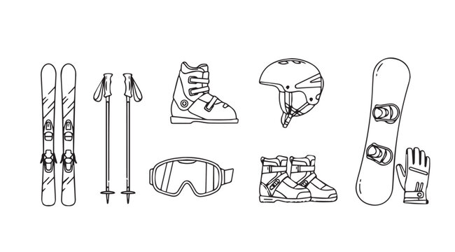 Collection of winter sports equipment including skis poles snowboard boots goggles and helmet silhouette