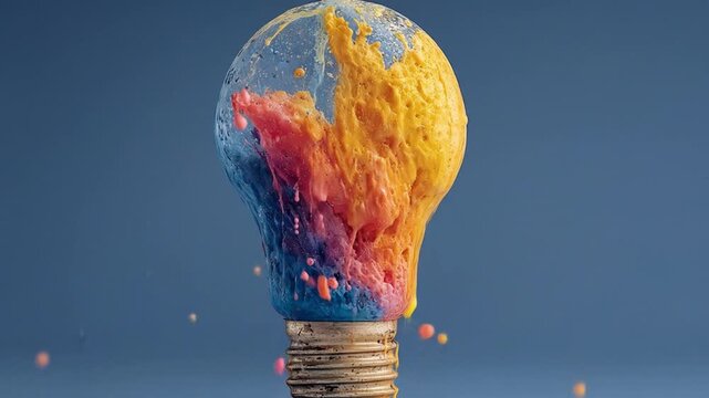 Lightbulb exploding with vibrant blue, red, and yellow paint, colorful droplets in air