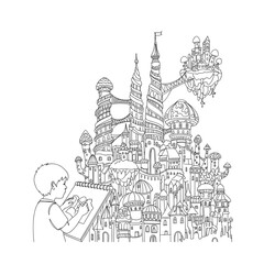 Intricate line drawing of a musician playing a violin amidst a detailed cityscape