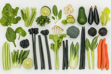 An organized grid of fresh green and dark vegetables including celery, kale, limes, carrots, and black beans on white