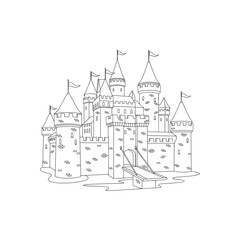 Fototapeta premium Intricate outline drawing of a majestic medieval castle with multiple towers and flags