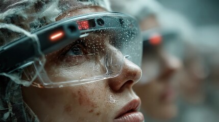A person wearing advanced augmented reality glasses, with water droplets on the lenses, suggesting a sterile or high-tech environment.