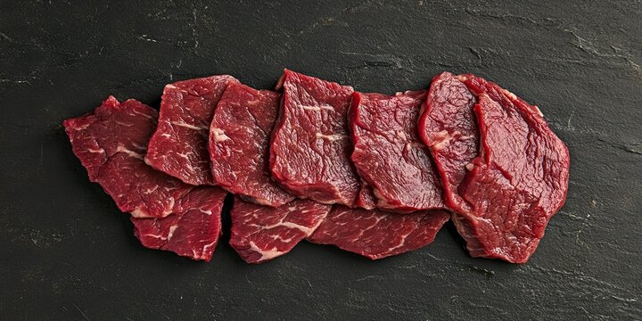 Thin slices of raw beef fanned out on a dark stone surface, showcasing marbling and freshness