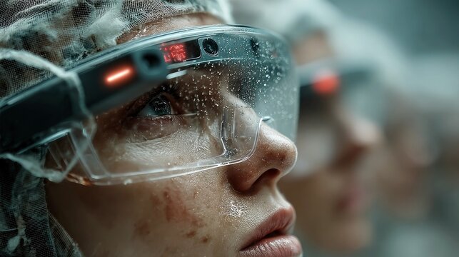 A person wearing advanced augmented reality glasses, with water droplets on the lenses, suggesting a sterile or high-tech environment.